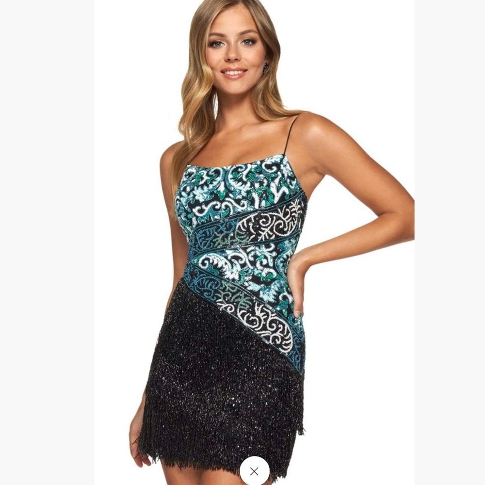 Sherry Hill fringe sequin dress , black/green, sz 10